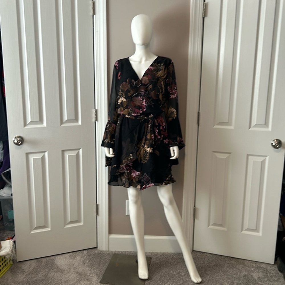 City Chic Black Floral Wrap Dress with Pink and Gold Accents